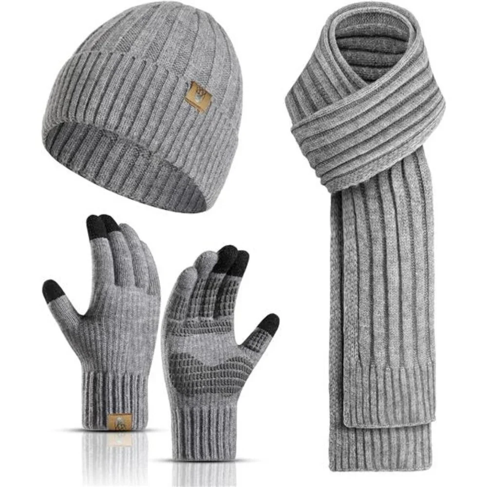 3pcs/Set Winter Beanie Hats Touchscreen Gloves Neck Warmer Scarf Set for Men - Picture 1 of 7